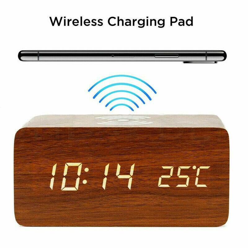 Moderne Thuis Houten Hout Digitale Led Desk Wekker Thermometer Qi Draadloze Oplader Voor Iphone: Bruin