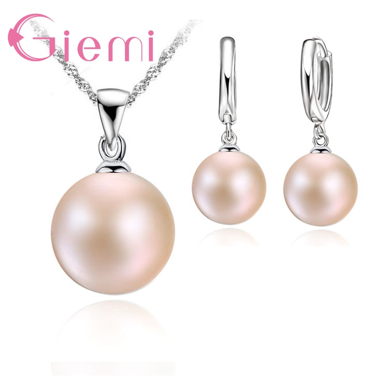 3 farvemuligheder hvid / sort / lyserød perle smykker sæt luksus 925 sterling sølv halskæde vedhæng øreringe sæt til kvinder: Lyserød