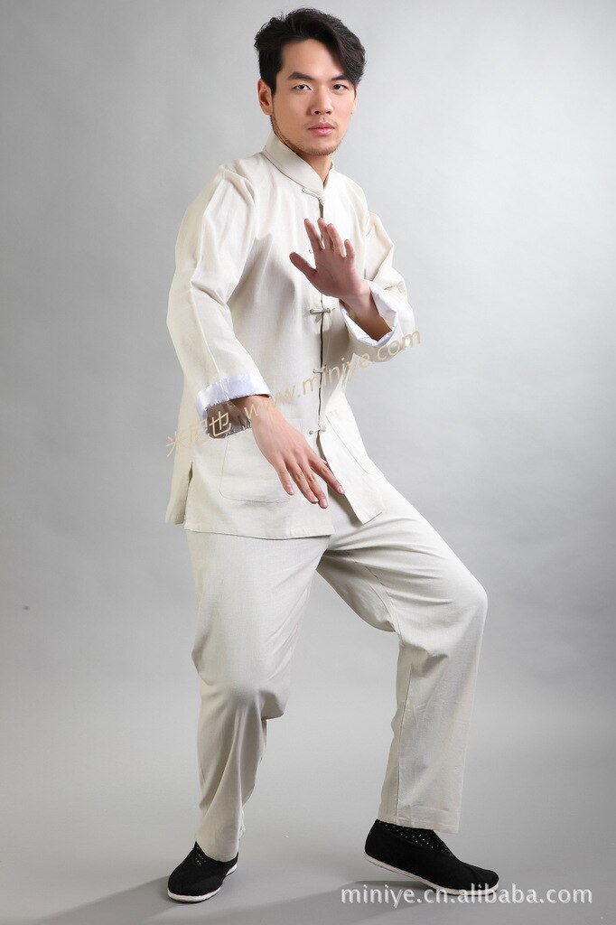 Miesten tang-puku puuvilla ja pellava pitkähihainen puku miesten tai chi -harjoituspuku: Beige / Xl