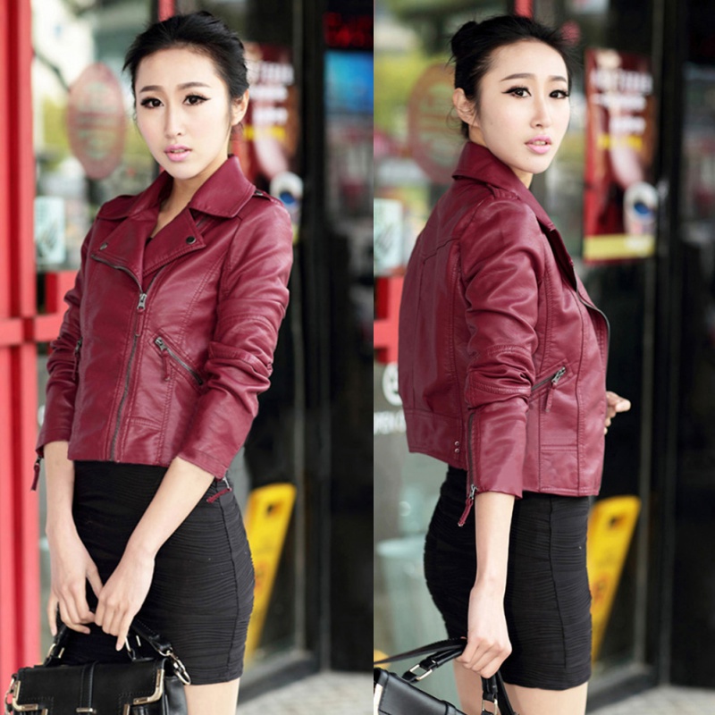 Women PU Leather Jacket Slim Zipper PU Leather Jacket Outwear