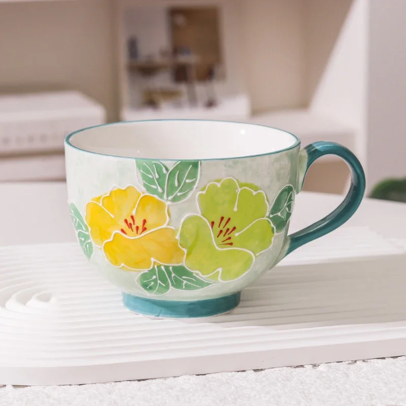 Tasse en céramique de 500ml, bol de petit déjeuner glyptique fait à la main, tasse d'eau de grande capacité pour le bureau, tasse à café en porcelaine pour le thé de l'après-midi: green