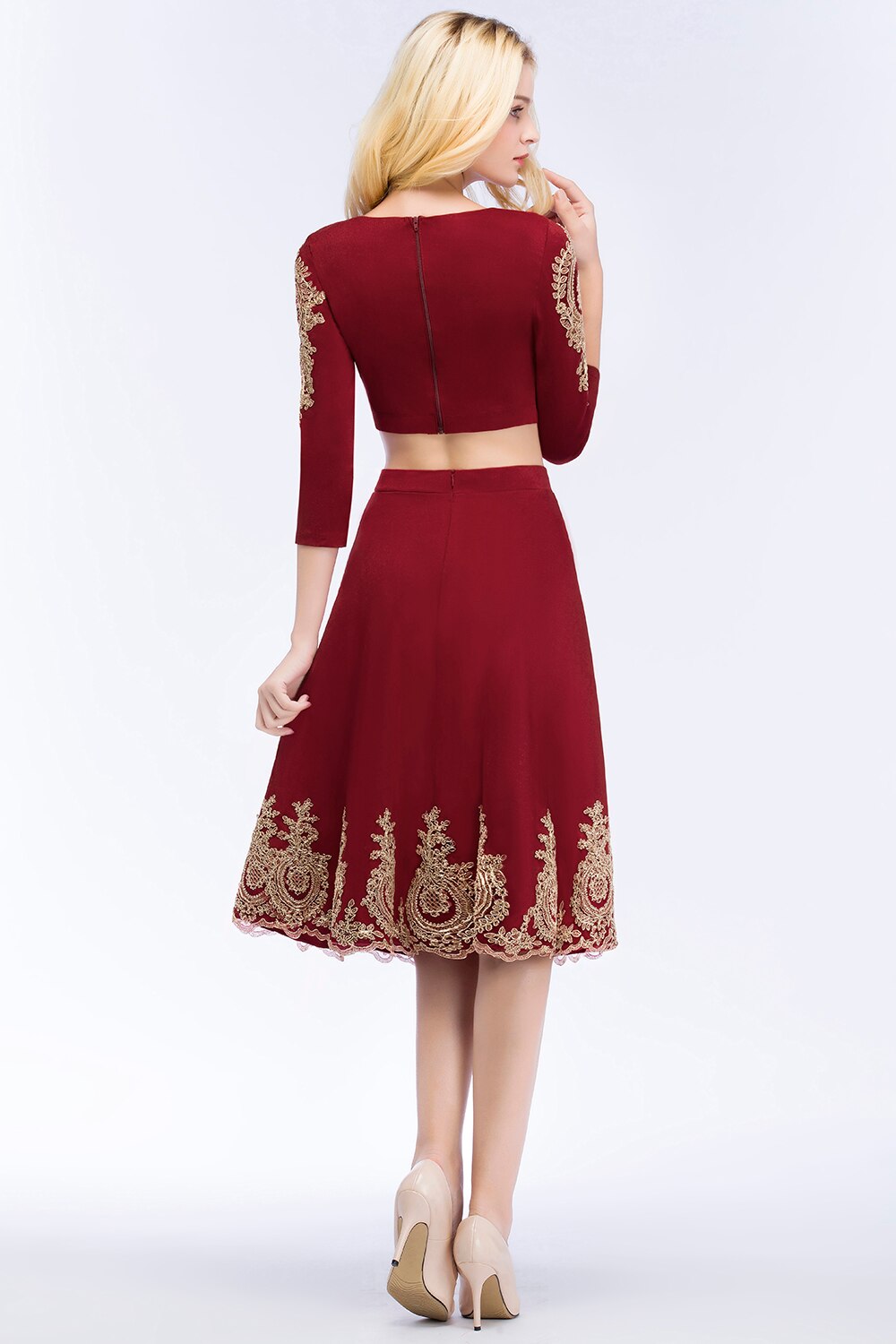 Babyonline Two Piece Burgundy Lace Short Evening Dress Robe de Soiree Courte Evening Gowns Vestido de Festa