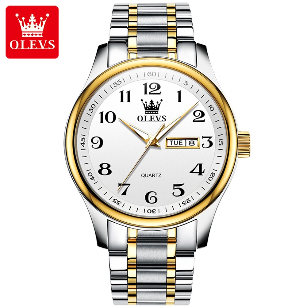 OLEVS-reloj de cuarzo clásico para hombre, cronógrafo de pulsera, esfera Digital, indicador de fecha y semana, luminoso, resistente al agua, dorado: Blanco