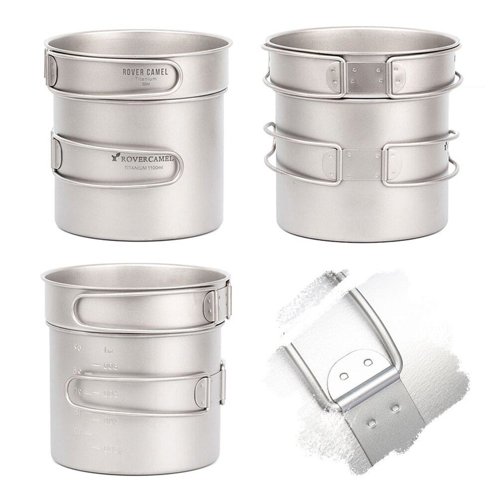 Ultralight titanium 1100ml pot 350ml frigideira panelas panelas ao ar livre acampamento piquenique conjunto de cozinha com alças dobráveis