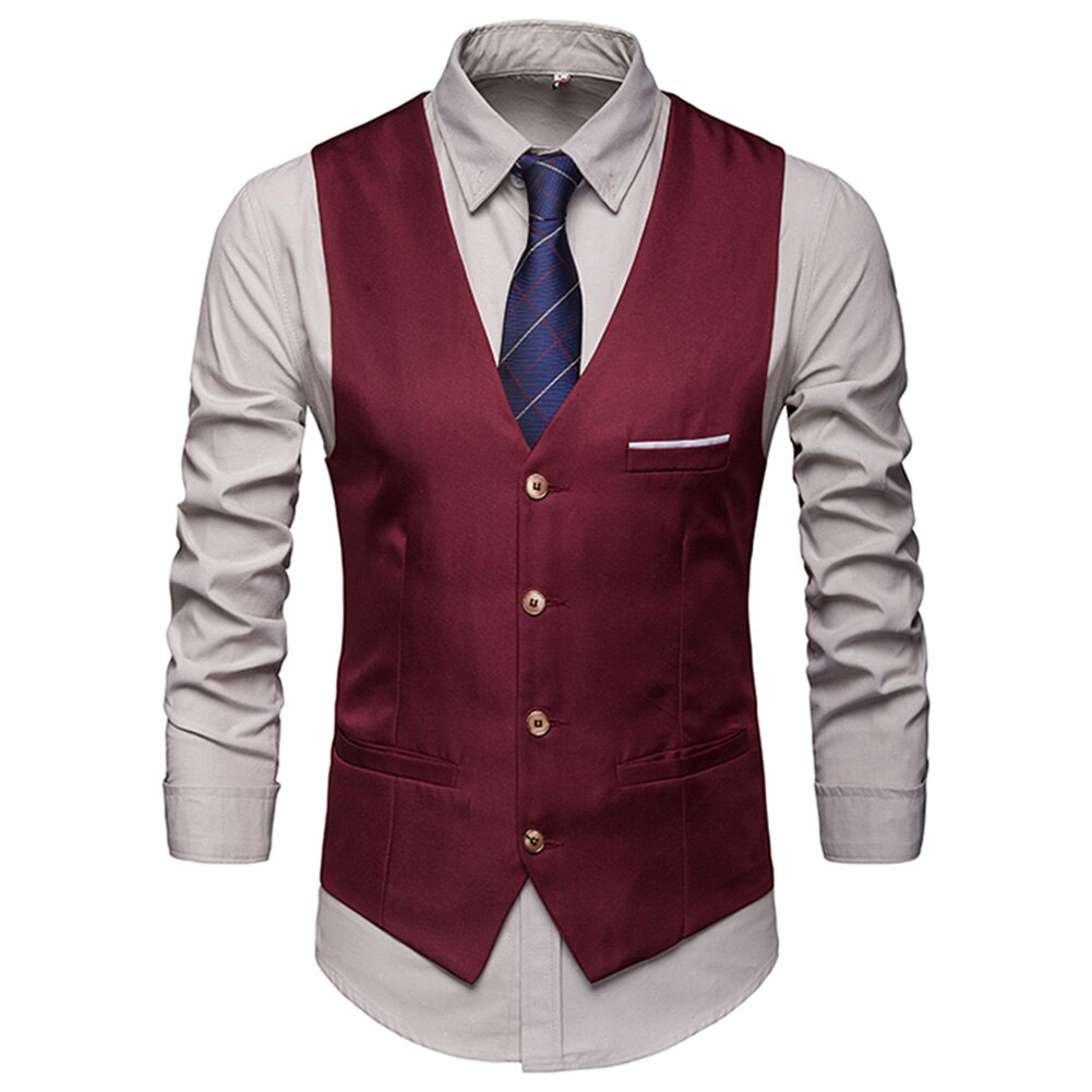 Herfst Mannelijke Formele Rokkostuum Vesten Slim Fit Mannen Pak Vest Man Bruiloft Vest Homme Casual Mouwloze Zakelijke Jas: Rood / M