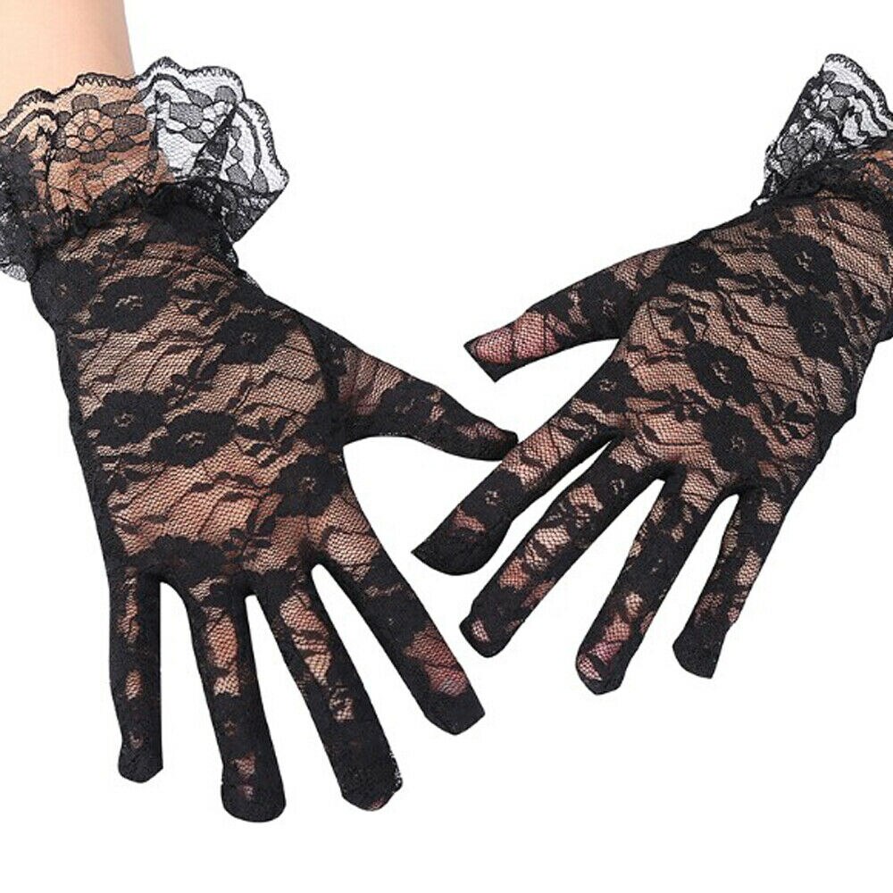Women Lady Lace Ruffles Floral Gloves Party Prom Bride Wrist Mittens Beige Black Pink Red White