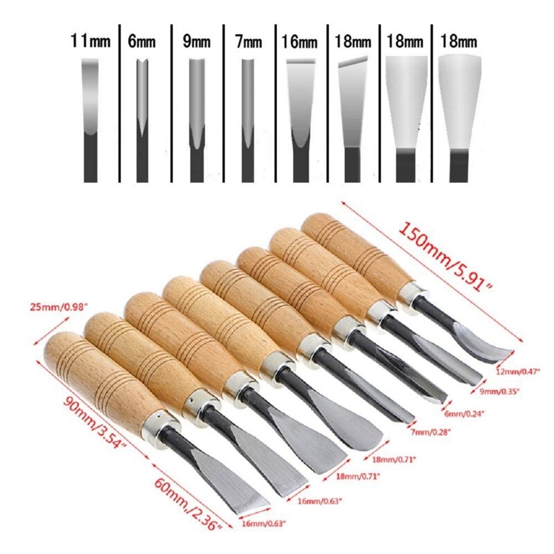8Pc Woodcut Knife Wood Carving Chisel Set Chip Detail Carving Chisels Kit Rust-Proof Wood Carpenter Hand Tools Working