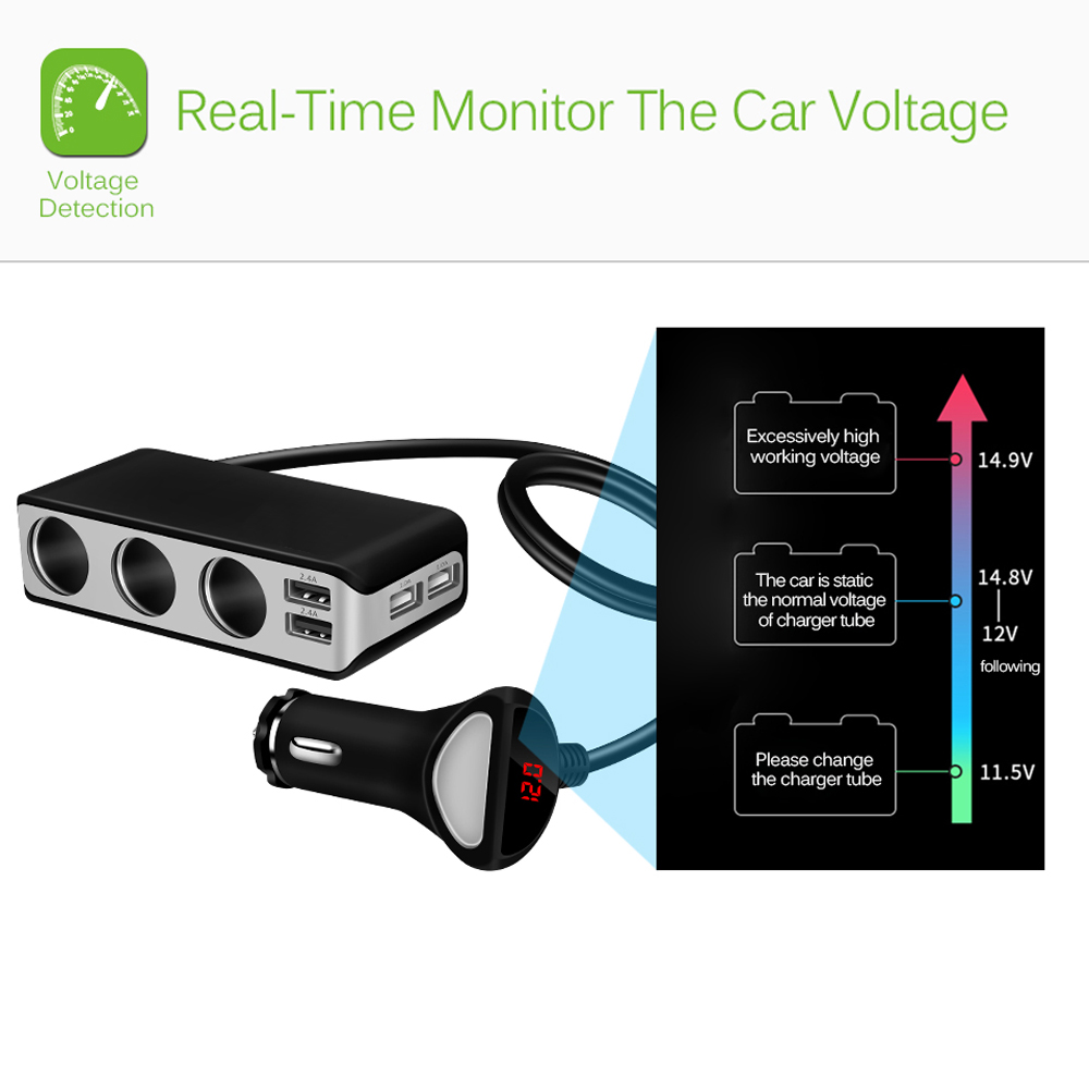 4 Usb-poort Auto-oplader 6.8A Usb Charger Voltmeter Met 3 Way Sigarettenaansteker Splitter 120W Power adapter Oplader