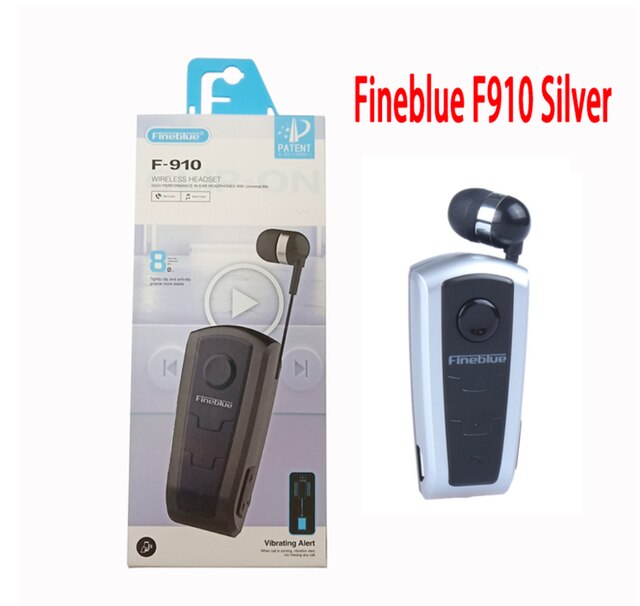 100% Original Fineblue F910 Wireless Bluetooth V4.0 Headset In-Ear Vibrating Alert Wear Clip Hands Free Earphone For Smartphones: Sliver with box