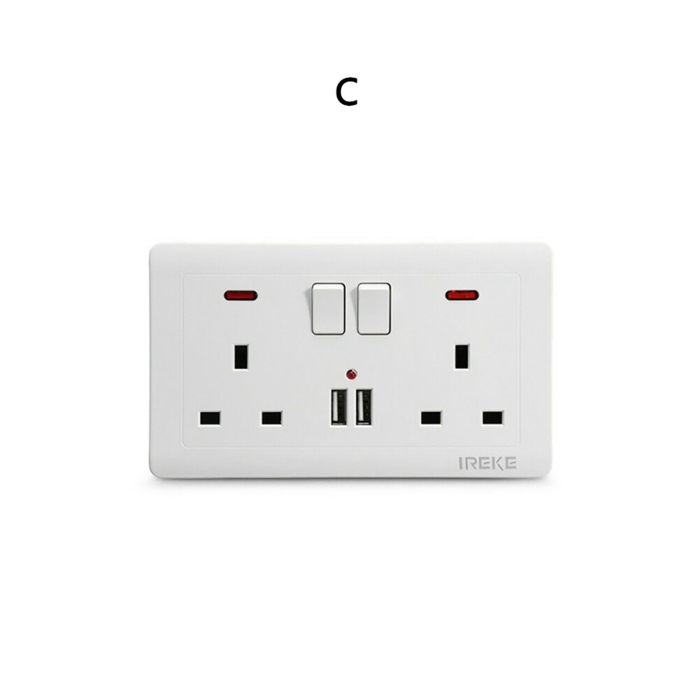 13A Double Wall UK Plug Socket 2 Gang Multifunctional Socket With USB Charger 2 Port Wall Outlets Flat Plate House Decoration: C