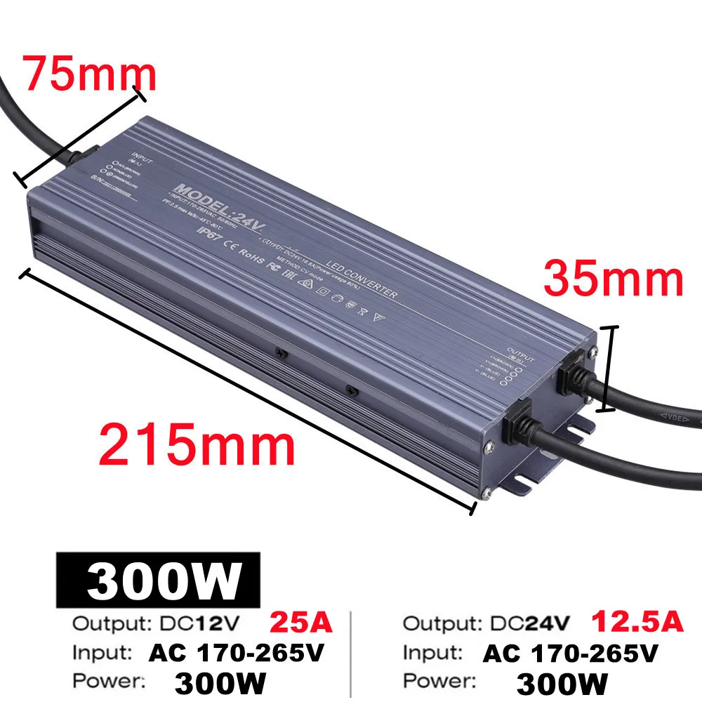 Waterproof Power Supply IP67 IP68 Lighting Transformer AC220V To DC 12V 24V LED Driver 100W 200W 300W 400W 500W Outdoor Adapter: Yellow / 12V