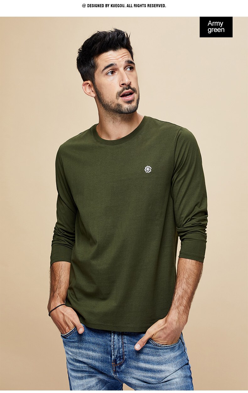 KUEGOU 100% baumwolle männer T-Shirt lange hülse herbst vertraglich stickerei übertragen unliniertes oberes kleid oben Plus größe ZT-496: Armee Grün / M
