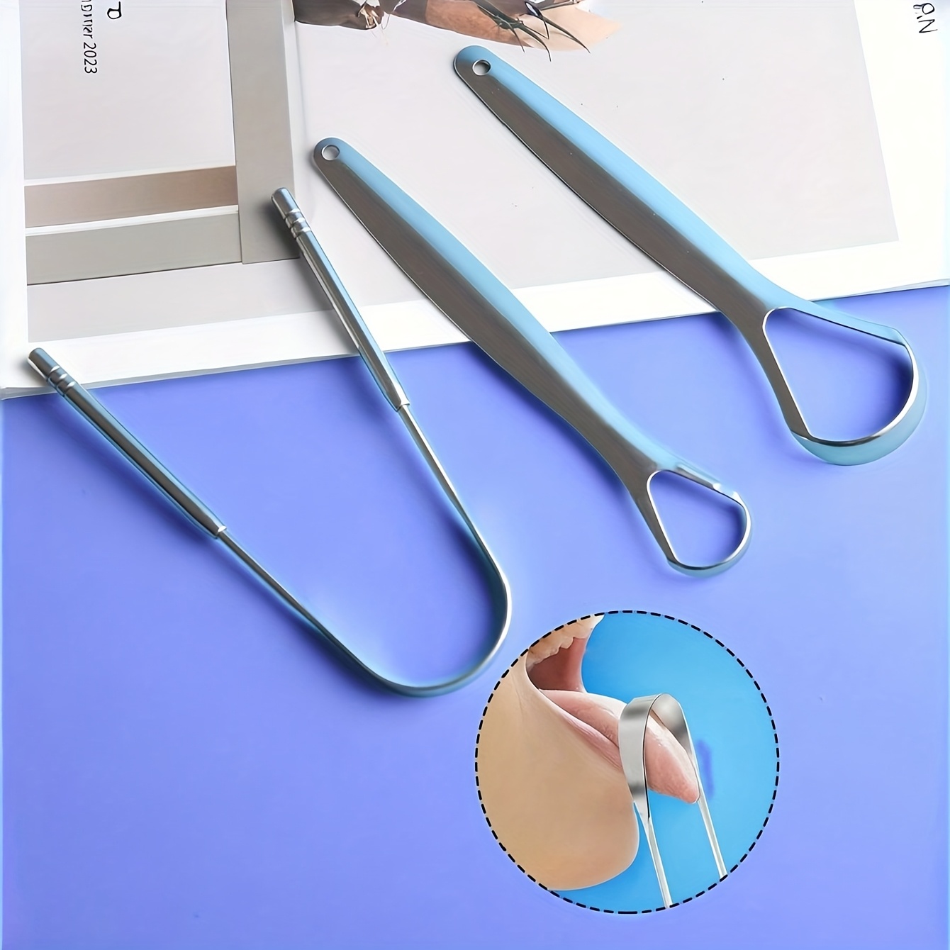 3 stk. tungeskrape i rustfritt stål, u-formet metall, frisk pust, rengjøring, belagt tungetannbørste, munnhygieneverktøy