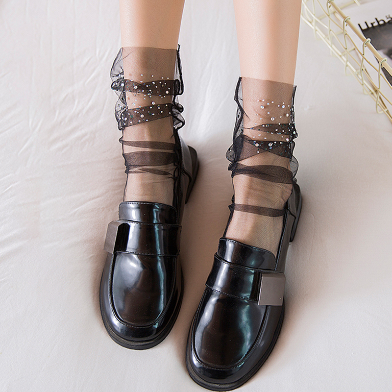 Calcetines brillantes de tul de cristal para mujer, medias de encaje de malla transparente, finas, largas, Happy, calcetines de vestir, ropa de calle
