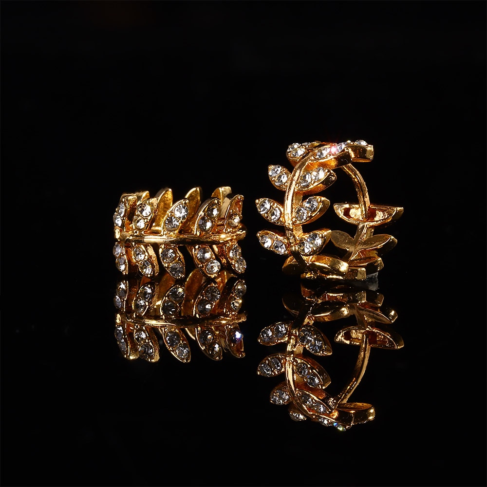 Leaf Shape Hoop Earrings Rhinestone Gold Color Surround Small Hoop Earrings Mini Slim Circle Earring Jewelry