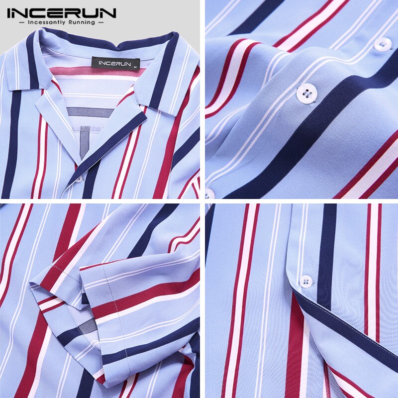 INCERUN Men Striped Shirts Short Sleeve Lapel Neck Dress Shirts Man Button Up Blusas Breathable Camisa Streetwear S-5XL