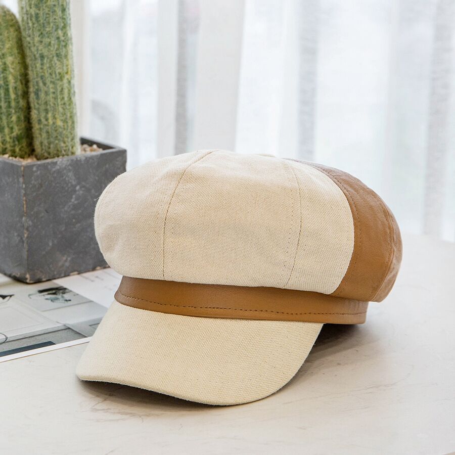 sombrero invierno de mujer de cuero de costura sombrero francés octogonal mujeres Espana boina con estilo intelectual Retro boina con estilo vendedor de tapa: beige