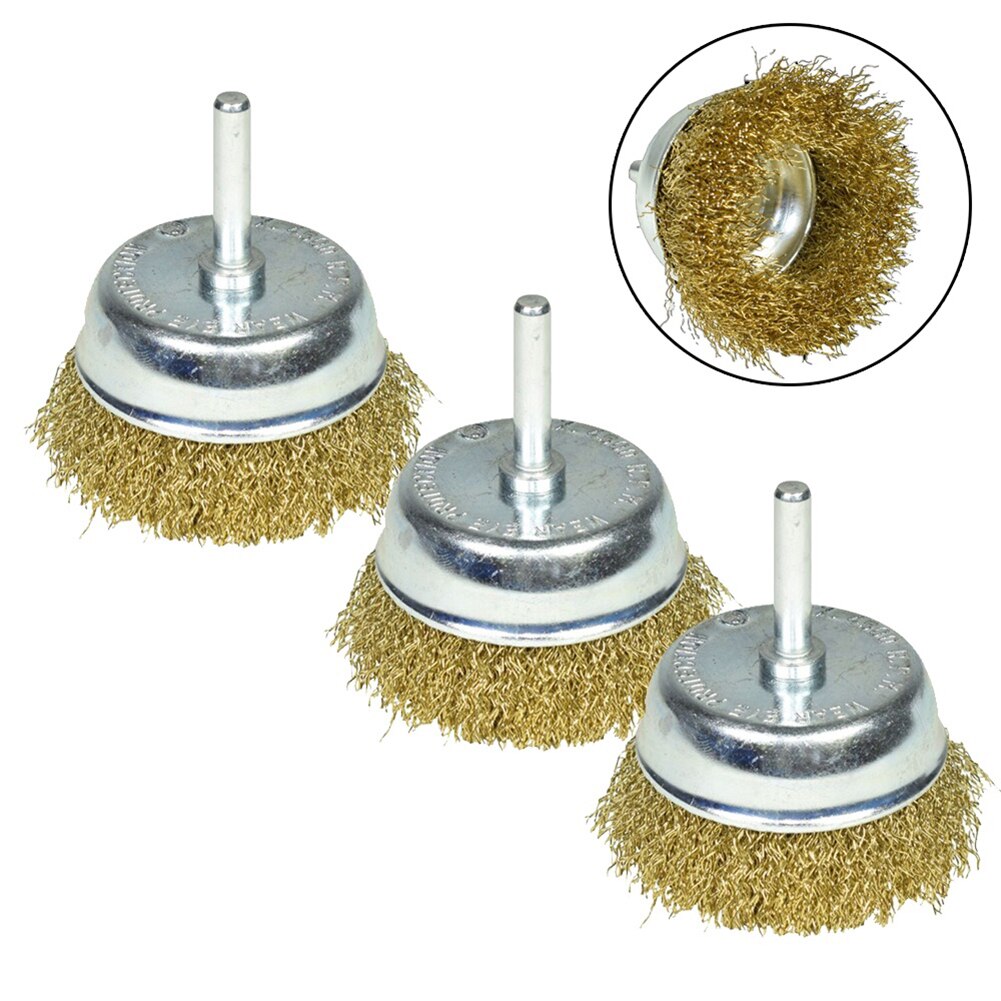 2Pcs 75mm Wire Cup Brush For Drills Steel Brass Coated Rust Paint Remover Polishing Cups Drill Bit For Metal Rust Removal Brush
