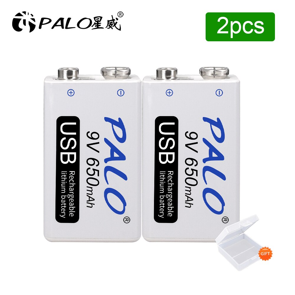 Palo 650Mah 9V Li-Ion Oplaadbare Batterij 9V Micro Usb 9V Lithium Batterijen Voor Draadloze Microfoon Gitaar speelgoed Metaaldetector: 2 pcs battery