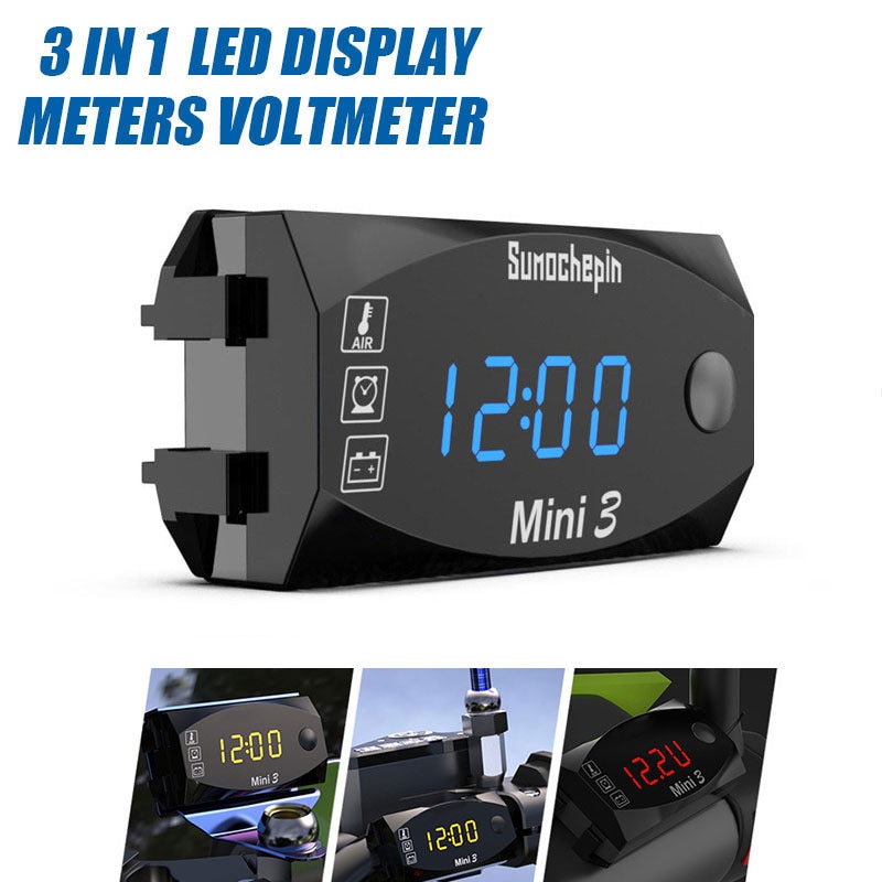 Voltímetro 3 en 1 para motocicleta, pantalla electrónica LED de 12V, muestra el tiempo/temperatura/voltaje, piezas universales para motocicleta