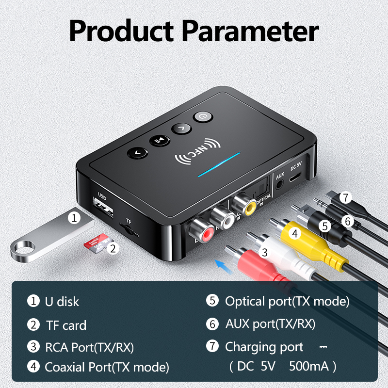 Bluetooth 5.0 empfänger/sender, fm-stereo-aux -3.5mm -klinkenanschluss, rca-optischer dongle, drahtloser nfc-audioadapter für tv, pc und kopfhörer
