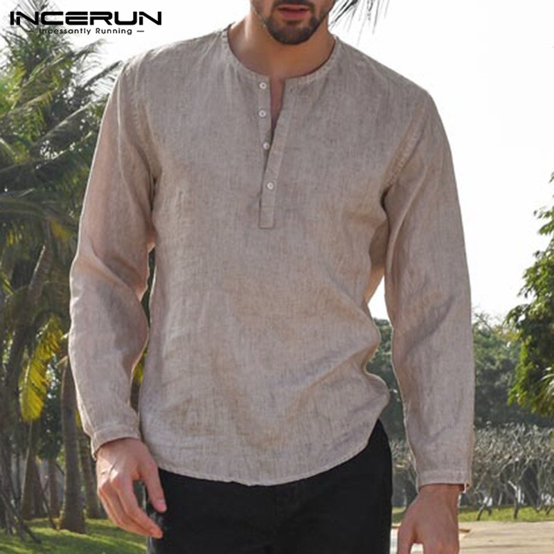 5XL Mens Dress Shirts Long Sleeve Button Crew Neck Linen Cotton Shirts Solid Loose Autumn Hiphop Plus Size Male Clothes: Beige / XXL