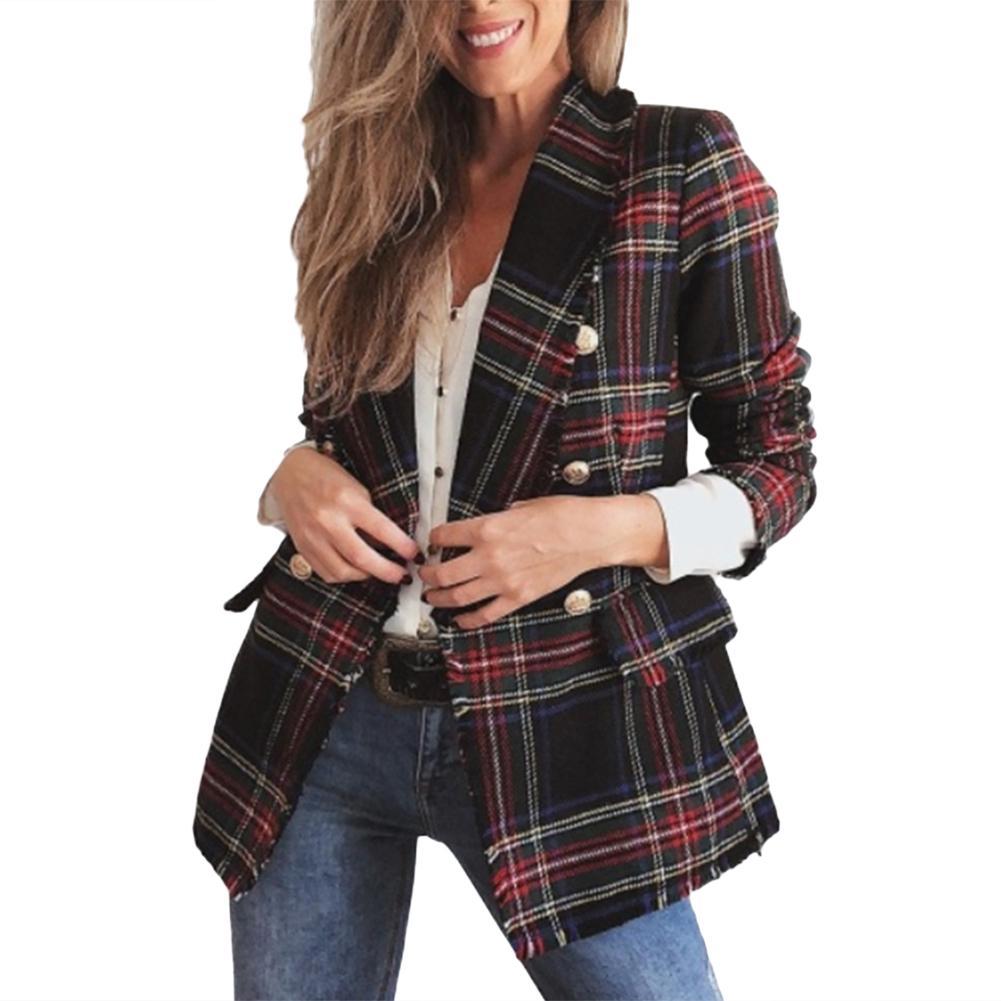 Señora de la Oficina de doble lado Cardigan lana cuadros Blazer cruzado chaqueta Otoño Invierno mujer Chaquetas TELA ESCOCESA chaquetas prendas de vestir exteriores