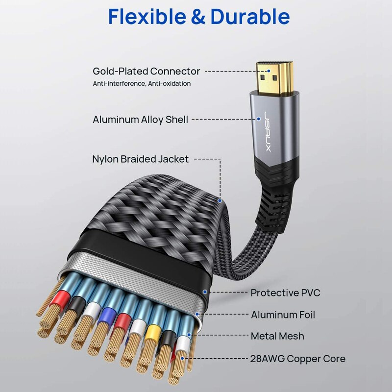 Jsaux 4K 60Hz Flat Cable 2m High Speed HDMI-compatible 2.0 Cable 18Gbps 3D 4K HDR 2160P 1080P HDCP 2.2 ARC Ethernet for tv pc