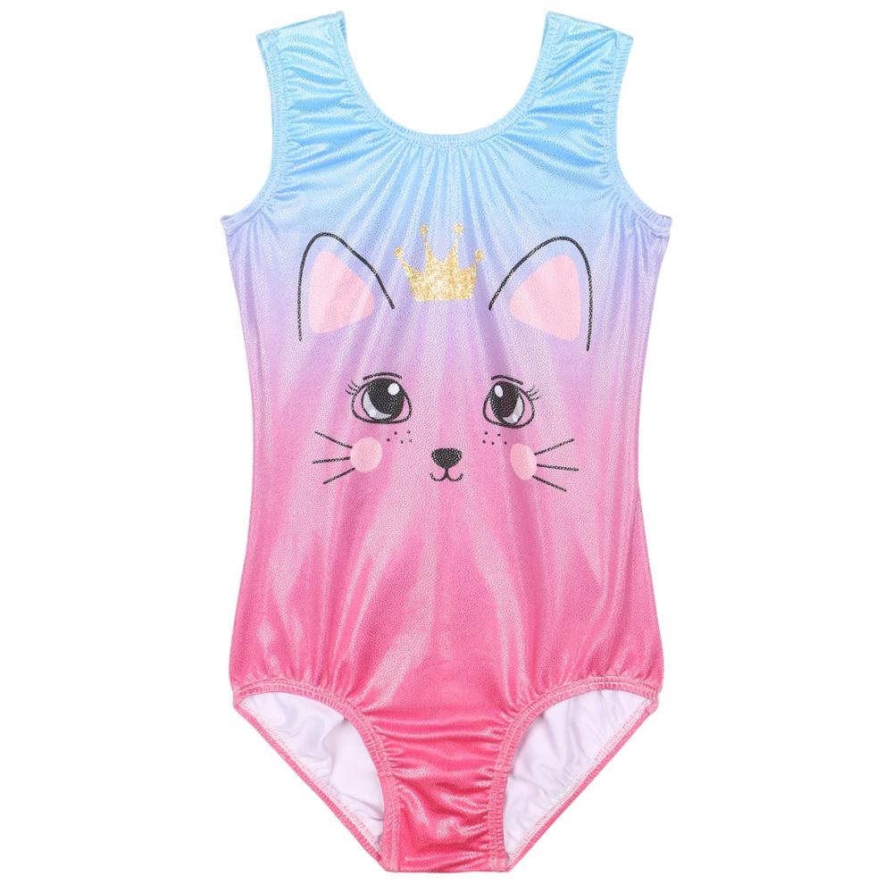 BAOHULU Shiny Sleeveless Gymnastics Leotard Girls Cartoon Cat Pattern Ballet Leotard Children Training Bodysuits Dance Jumpsuits