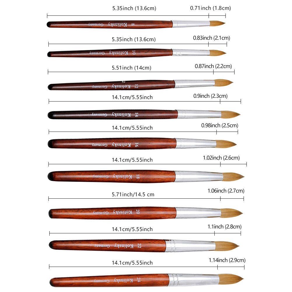 Pincel redondo plano Kolinsky para uñas, brocha de Gel para manicura, con mango de madera