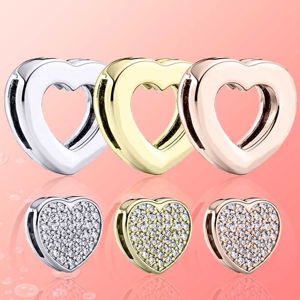 Véritable 925 argent Sterling breloques en forme de coeur brillant Zircon Original Reflexion ajustement Original Bracelet bijoux de