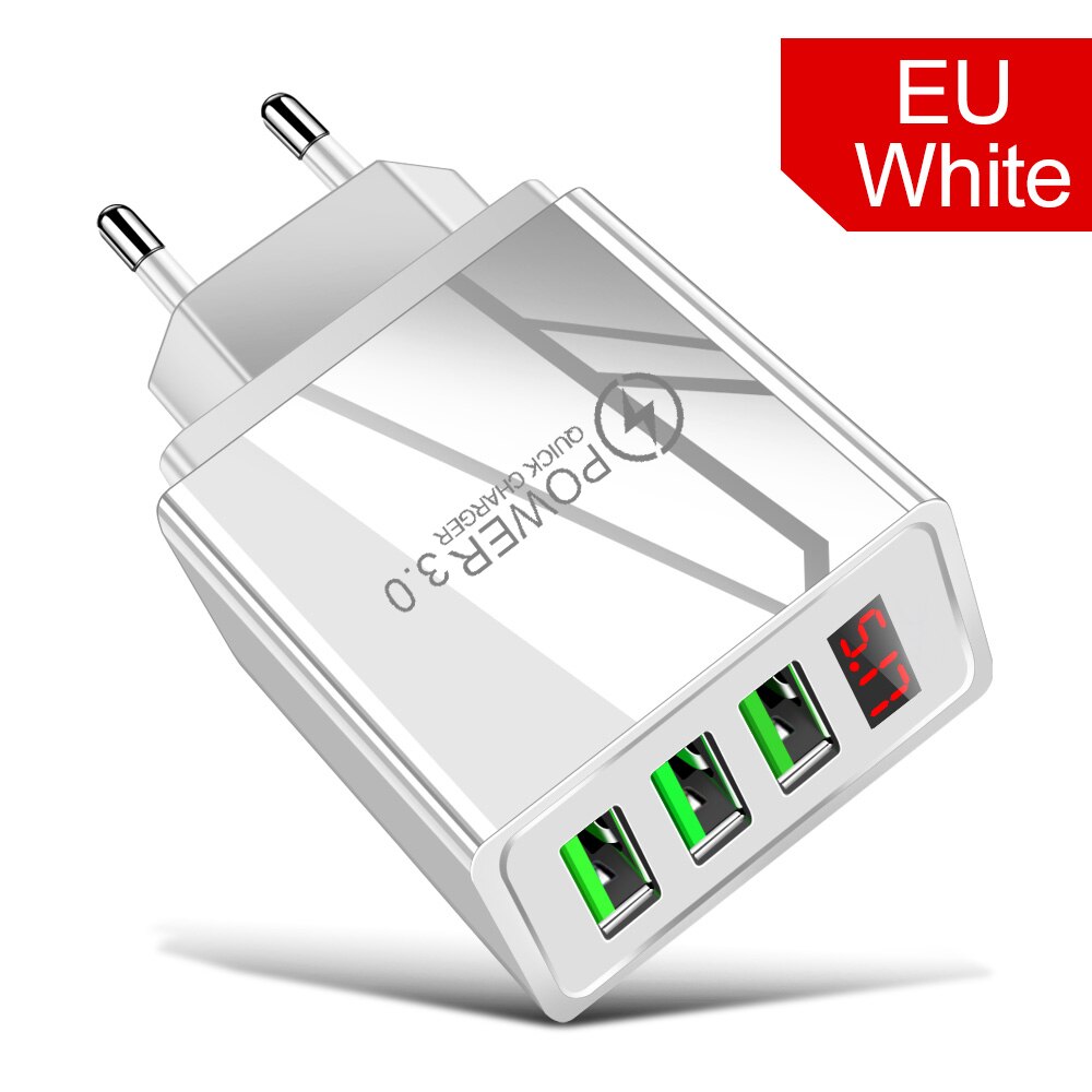 3 USB Phone Charger Quick Charge 3.0 Mobile Phone Charger LED Display EU Wall Charger For iPhone 11 Samsung Charger USB Adapters: EU White