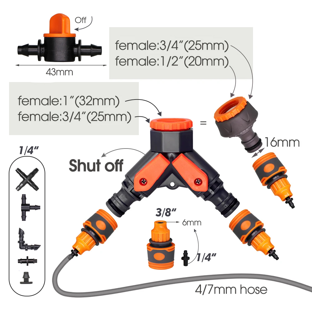50-5m 1/4 "Garten tropfen Mikro bewässerung 8-See-verstellbare Tropfer mit Pfahl 4/7mm Adapter PVC-Schlauch automatisches Bewässerungs System
