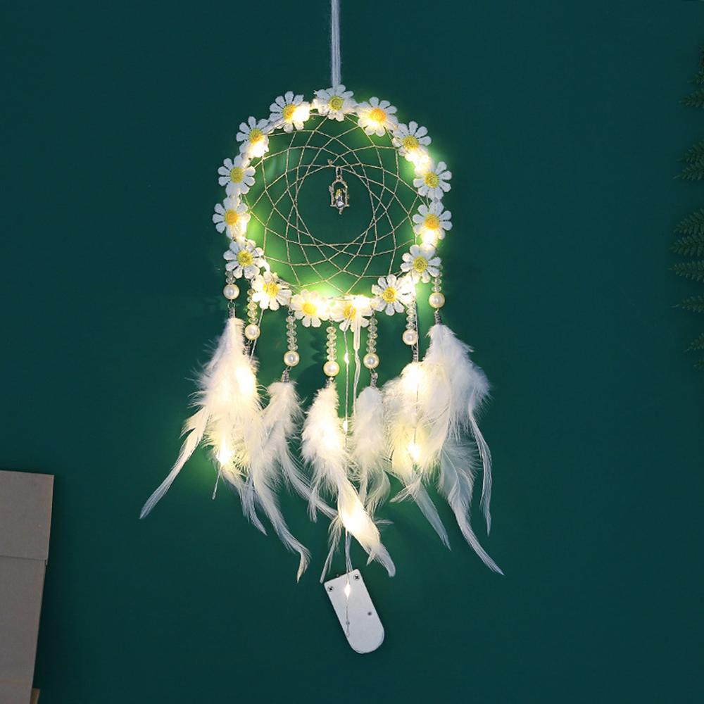 Daisy Handmade Dream Catcher with LED Light Dreamcatcher Pendant Hollow Wind Chimes Wall Hanging Home Decoration