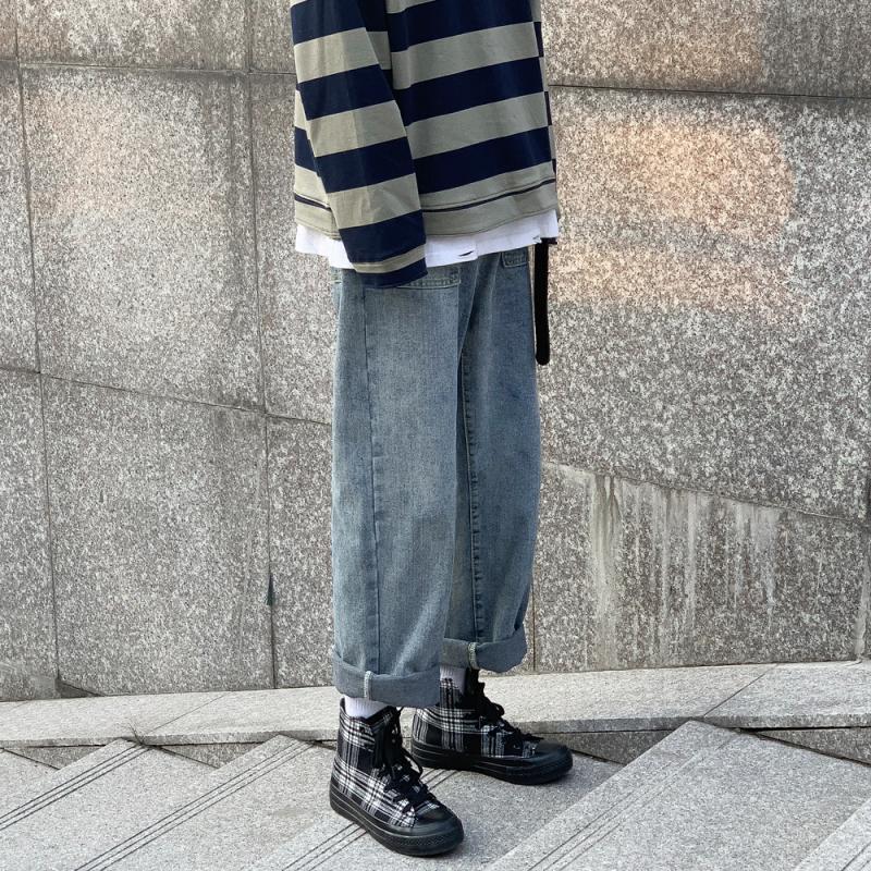 Rechte losse cropped jeans heren koreaanse streetwear heren cropped broek casual denim broek blauwe baggy hiphop jeans: Donkerblauw / S