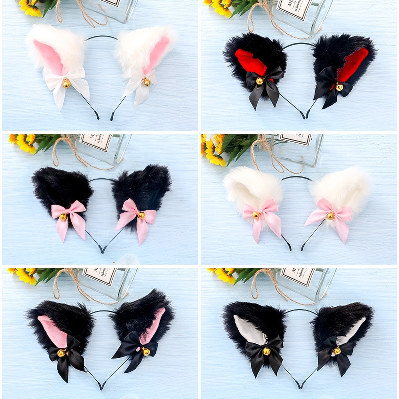 Bandeau oreilles de chat pour filles, accessoires de cheveux, mascarade d&#39;halloween, en peluche, Lolita Cosplay, renard, Costume de fête, nœud papillon, clochette