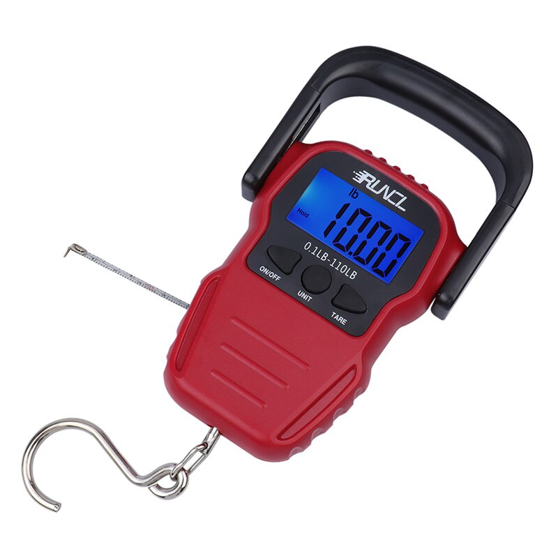 RUNCL 50KG Portable LCD Display Fishing Scale Electronic Balance Digital Handheld Weighing Hanging Hook Scale with 1.5M Tape: Red