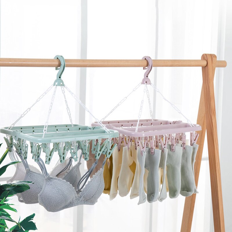 32Clips Rack secado de ropa Clip de plástico de calcetines a prueba del viento secado estante giratorio hogar calcetines ropa secador de productos