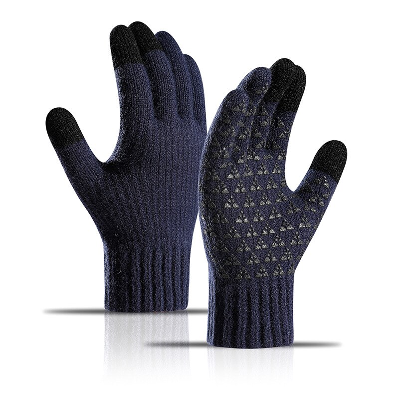 Guantes de punto para hombre, manoplas masculinas gruesas de lana, cálidas y sólidas, con pantalla táctil y dedos divididos, para deportes al aire libre, Otoño e Invierno: Navy blue