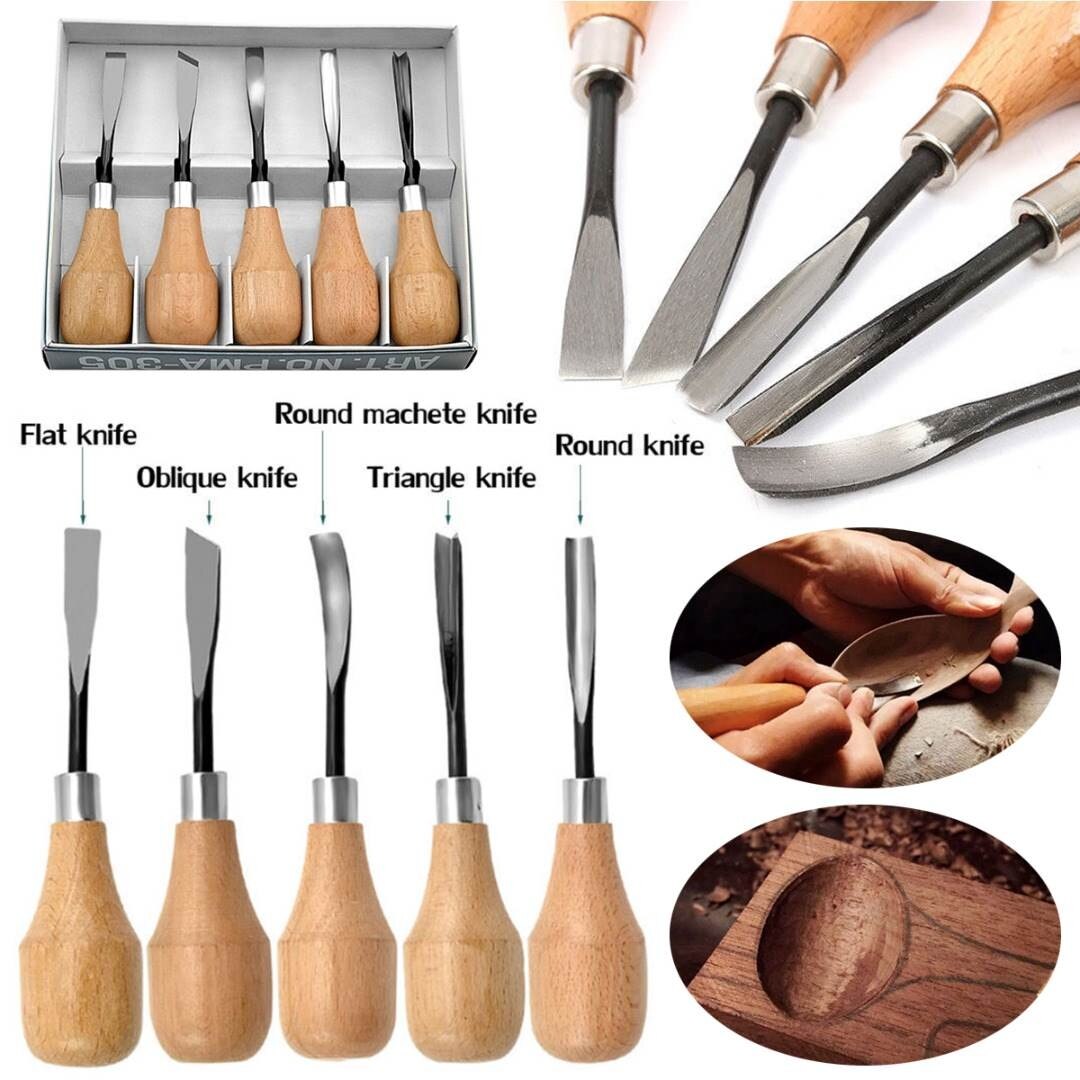 5Pcs Wood Carving Hand Chisels Tools Set Woodworking Gouges Lather