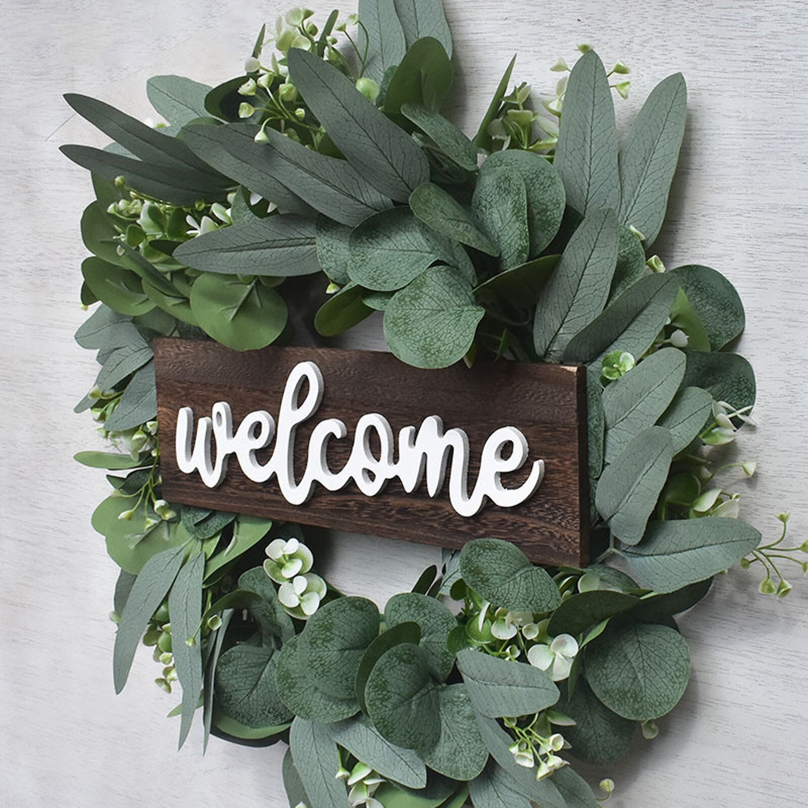 Artificial Green Eucalyptus Wreath,15 Inches Greenery Wreath With Clusters Of White Flowers Mini Spring/summer Wreath For Front