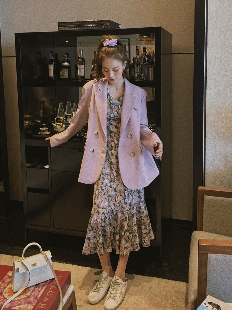 Conjunto de 2 piezas de , Blazer de mujer, abrigo cruzado y cuello de pico, manga corta, vestido con estampado Floral, ropa Vintage SL521