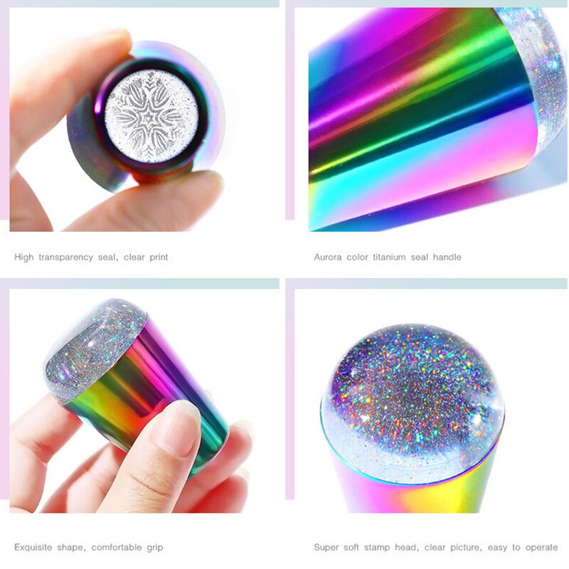 1pc holografista kynsien leimaamista ja kaavinta kynsien leimaamiseen, sateenkaarikahva ainutlaatuinen leimauslaite , 3.8cm/4cm kynsien leimaustyökalu