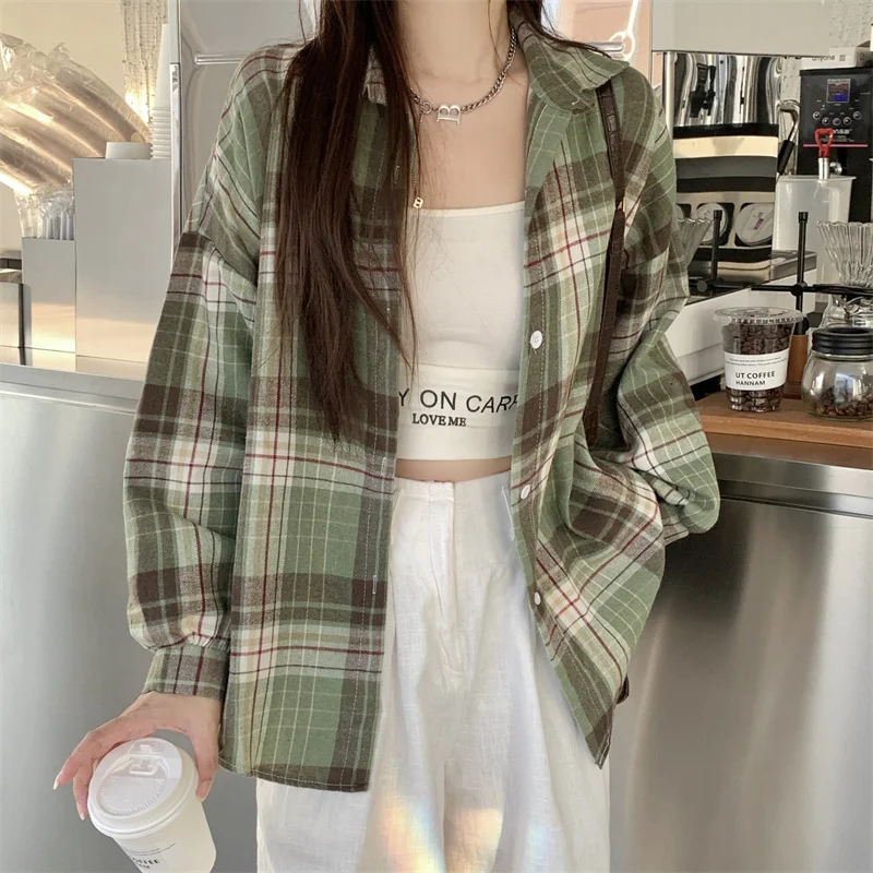 Camisa de flanela preta para mulheres, manga comprida, gola, botão, camisa xadrez tartan, jaqueta, adolescente, roupa casual diária: Malaquita azul