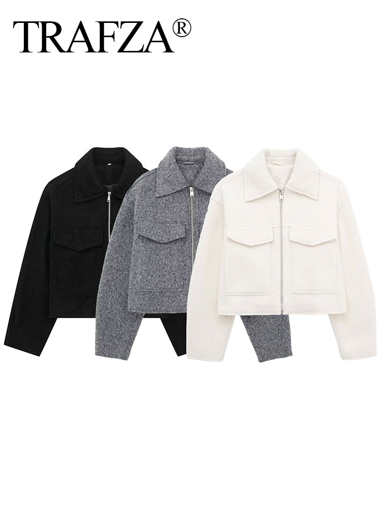 TRAFZA Jacke Für Frauen Herbst Solide Langarm Revers Mantel Vorderseite Tasche Reißverschluss Bomber Jacken Weibliche 2024 Streetwear
