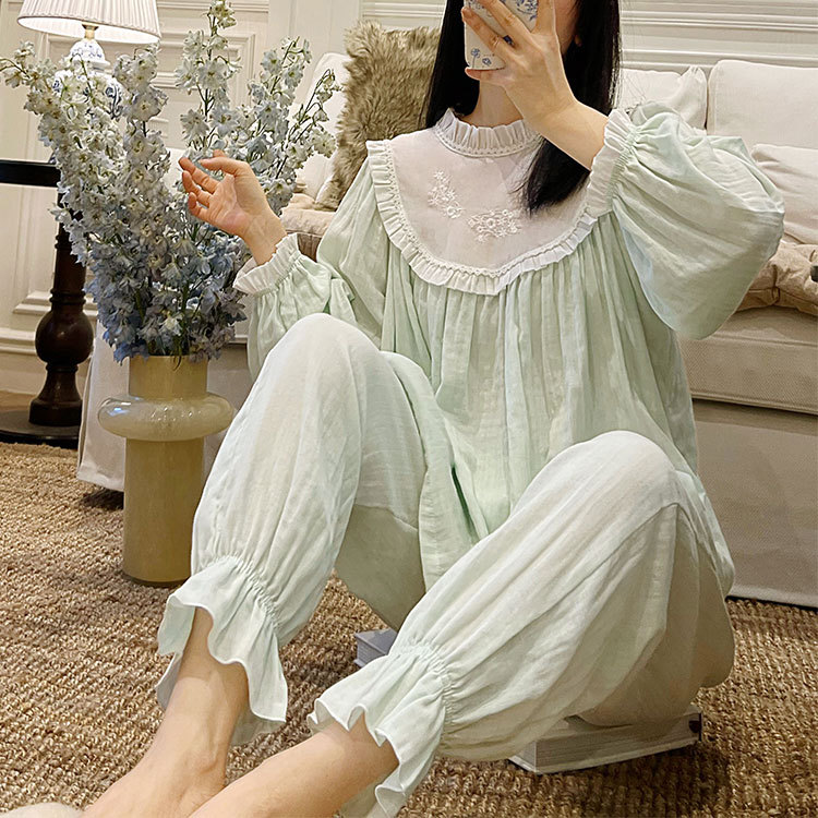 2 Colors Spring Women‘s Sleepwear Princess Pajama Sets Vintage Lady Girl Embroidery Pyjamas Set French Style Antique Nightwear