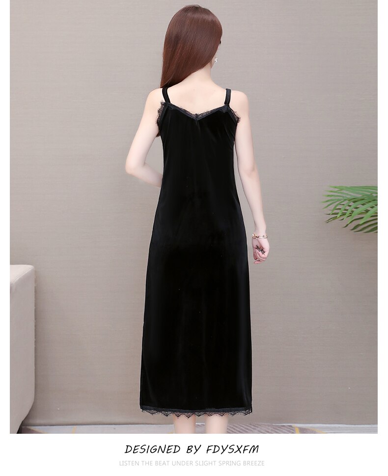 Gold velvet vest underskirt women's straight bottoming skirt large size loose slim mid length suspender slip dress autumn winter