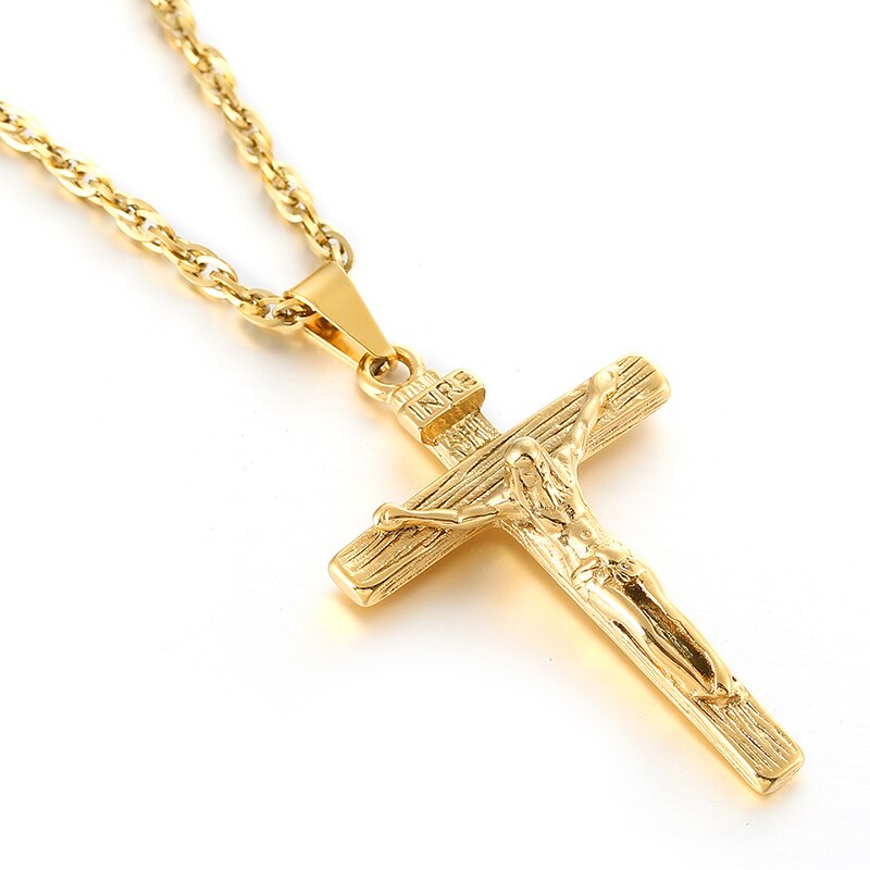 Jesus Crucified Cross Necklace Men Pendant 4 Colors Stainless Steel Chain Choker for Women Christian Classic Jewelry Christ: Gold