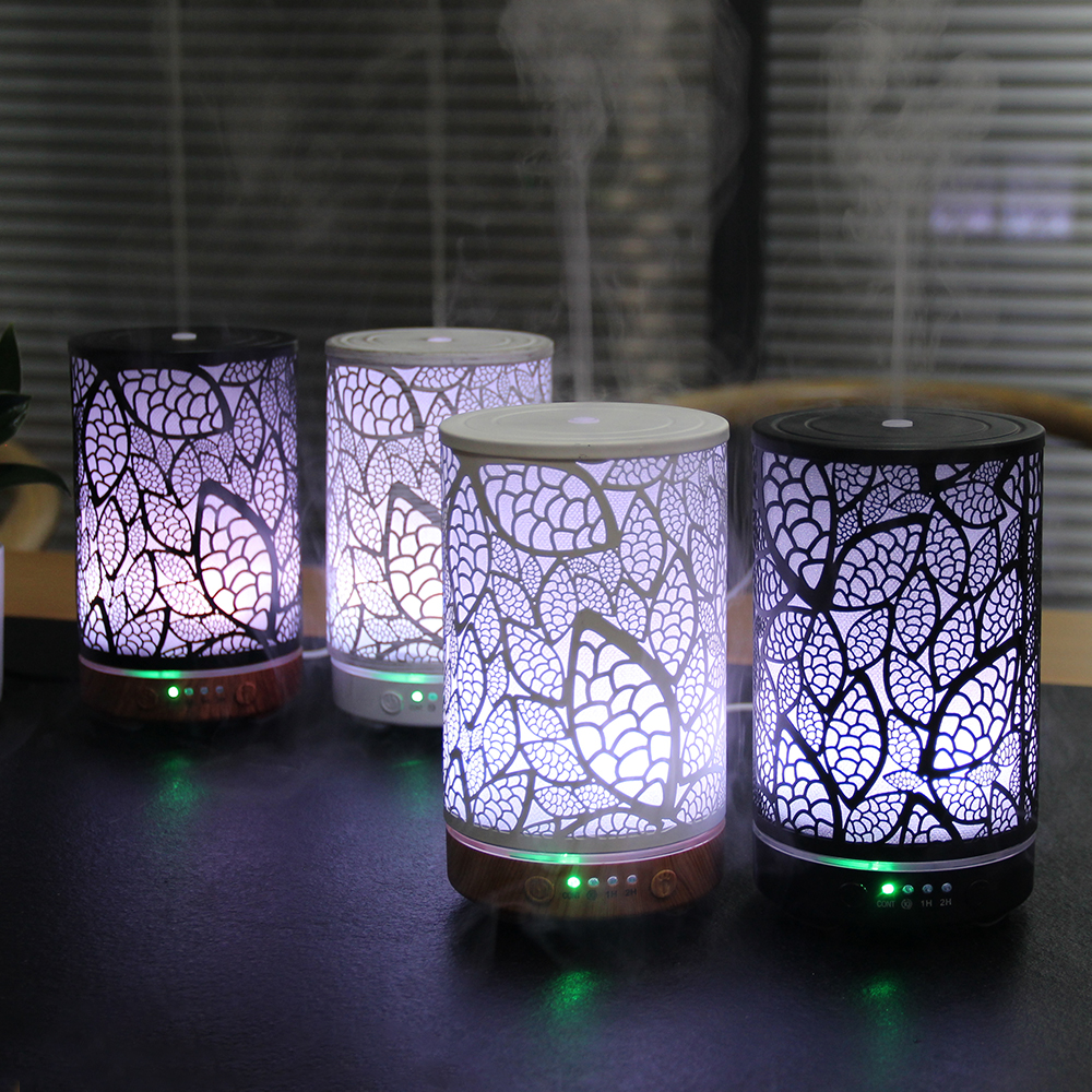 100 ml Diffusor für ätherische Öle, hohles Blatt, Ultraschall-Luftbefeuchter, Heimduft-Aroma-Diffusor mit 7 LED-Farbwechsellicht