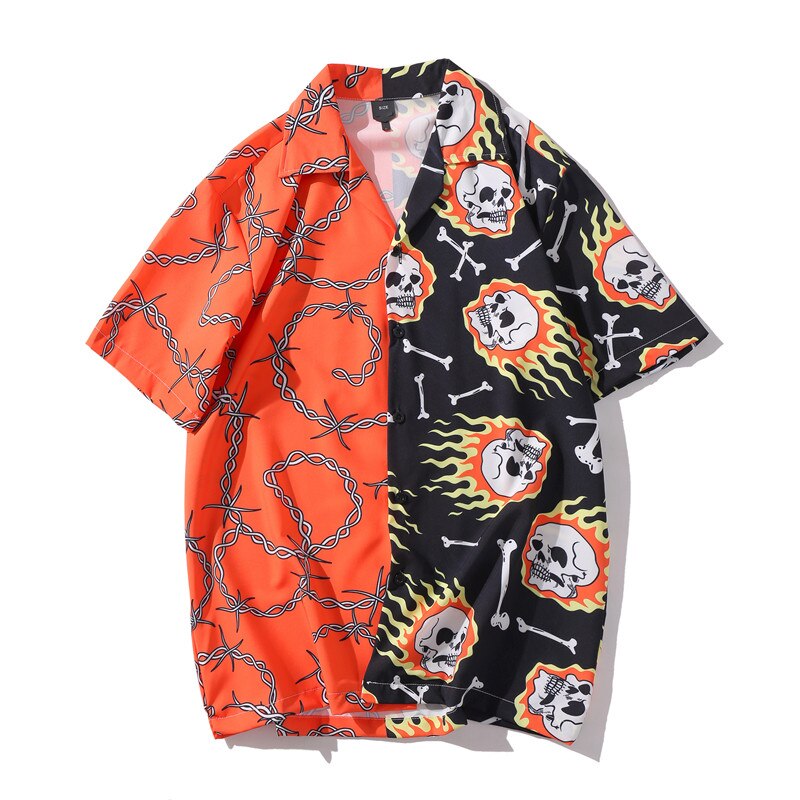 Kranium kædetrykte skjorter mænd sommer kortærmet hawaiian strand løse afslappede skjorter hip hop streetwear koreanske harajuku skjorter